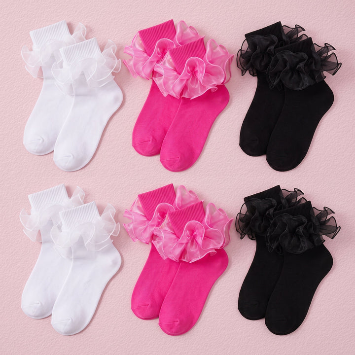 FRILLORA Women's Big Double-Ruffle Turn-Cuff Dress Socks - White, Hot Pink, Black - 6 Pairs