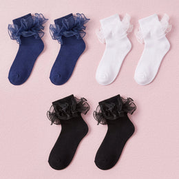 FRILLORA Women's Big Double-Ruffle Turn-Cuff Dress Socks - Navy Blue, White, Black - 3 Pairs