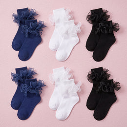 FRILLORA Women's Big Double-Ruffle Turn-Cuff Dress Socks - Navy Blue, White, Black - 6 Pairs