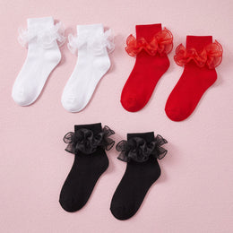 FRILLORA Women's Big Double-Ruffle Turn-Cuff Dress Socks - Black, White, Red - 3 Pairs