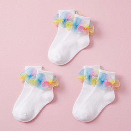 FRILLORA Women's Big Double-Ruffle Turn-Cuff Dress Socks - Rainbow - 3 Pairs