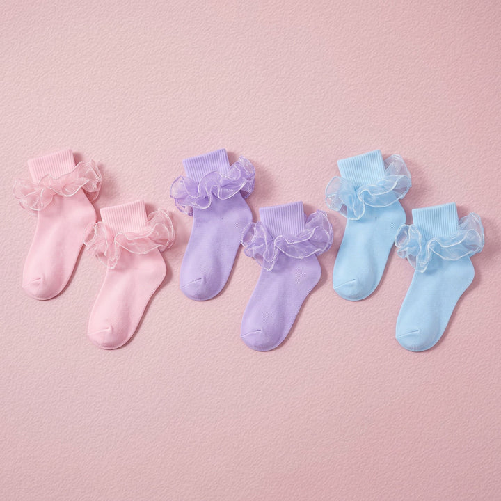 FRILLORA Women's Big Double-Ruffle Turn-Cuff Dress Socks - Pink, Purple, Light Blue - 3 Pairs