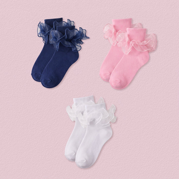 FRILLORA Women's Big Double-Ruffle Turn-Cuff Dress Socks - White, Pink, Navy Blue - 3 Pairs