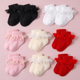 FRILLORA Baby Girl Ruffle Socks with Eyelet Lace Turn-Cuff - Black, White, Pink, Cream, Red - 10 Pairs