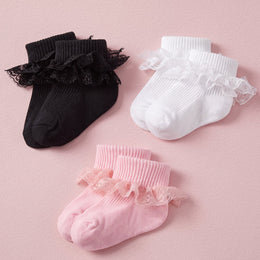 FRILLORA Baby Girl Ruffle Socks with Eyelet Lace Turn-Cuff - Black, White, Pink - 3 Pairs