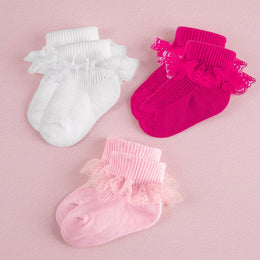 FRILLORA Baby Girl Ruffle Socks with Eyelet Lace Turn-Cuff - Pink, Hot Pink, White - 3 Pairs