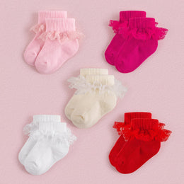 FRILLORA Baby Girl Ruffle Socks with Eyelet Lace Turn-Cuff - Pink, Hot Pink, Cream, White, Red - 5 Pairs