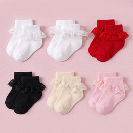 FRILLORA Baby Girl Ruffle Socks with Eyelet Lace Turn-Cuff - Black, Red, Off White, Pink, White - 6 Pairs