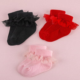 FRILLORA Baby Girl Ruffle Socks with Eyelet Lace Turn-Cuff - Black, Pink, Red - 3 Pairs