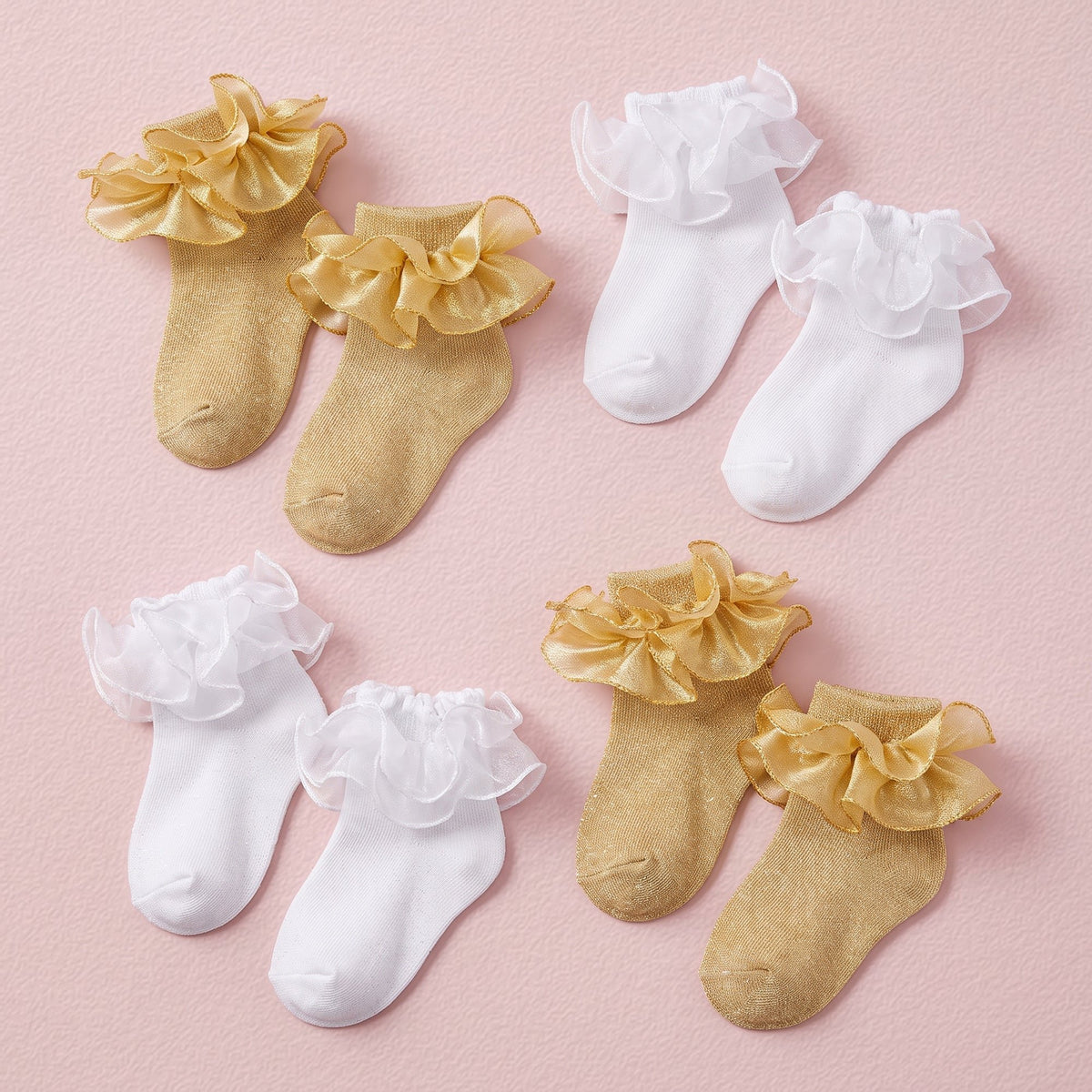 FRILLORA Baby & Toddler Girl Ruffle Socks with Shimmer Lace - Gold, White - 4 Pairs