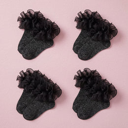 FRILLORA Baby & Toddler Girl Ruffle Socks with Shimmer Lace - Black - 4 Pairs