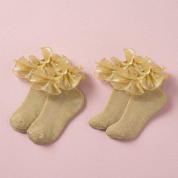 FRILLORA Baby & Toddler Girl Ruffle Socks with Shimmer Lace - Gold - 2 Pairs