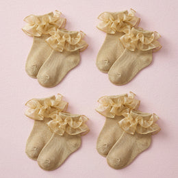 FRILLORA Baby & Toddler Girl Ruffle Socks with Shimmer Lace - Gold - 4 Pairs