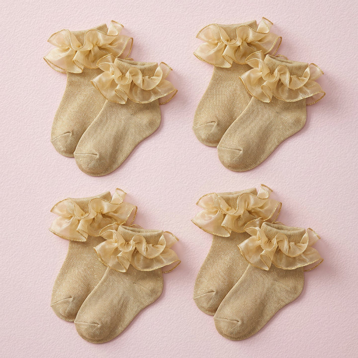 FRILLORA Baby & Toddler Girl Ruffle Socks with Shimmer Lace - Gold - 4 Pairs