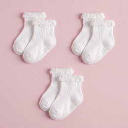 FRILLORA Baby Girl Ruffle Grip Socks with Grip Soles - White - 3 Pairs
