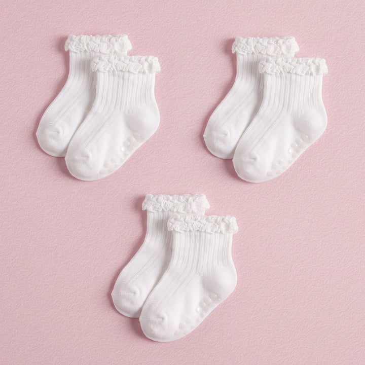 FRILLORA Baby Girl Ruffle Grip Socks with Grip Soles - White - 3 Pairs