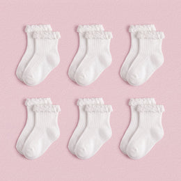 FRILLORA Baby Girl Ruffle Grip Socks with Grip Soles - White - 6 Pairs
