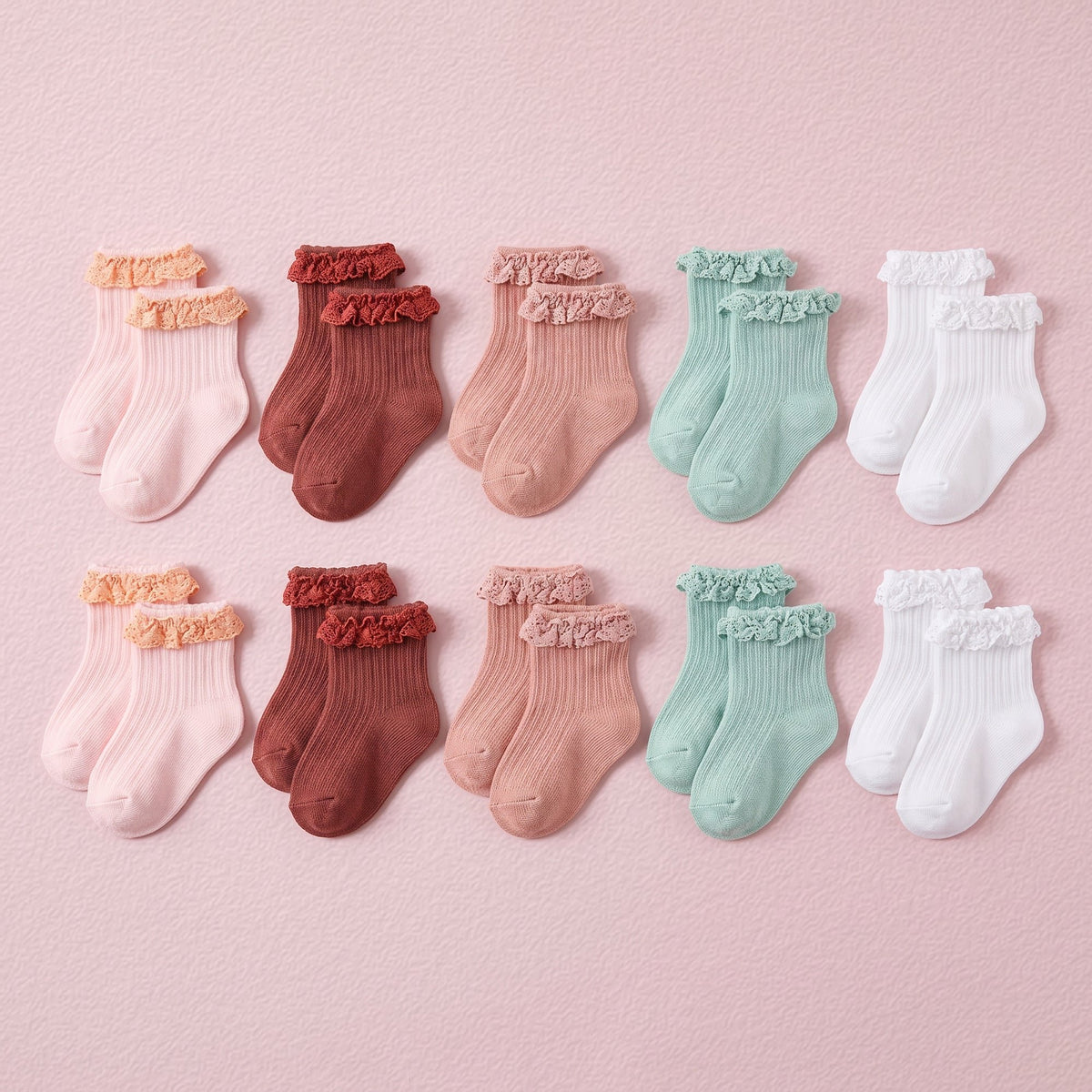 FRILLORA Baby Girl Ruffle Grip Socks with Grip Soles - White, Pink, Peach Red, Burgundy, Green - 10 Pairs