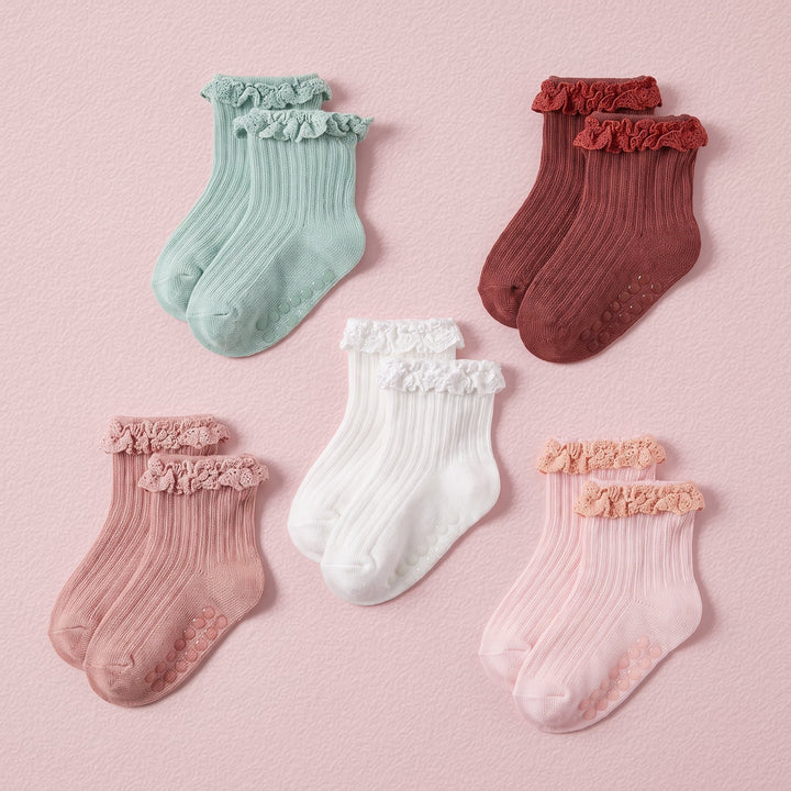 FRILLORA Baby Girl Ruffle Grip Socks with Grip Soles - White, Pink, Peach Red, Burgundy, Green - 5 Pairs