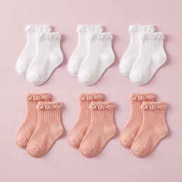 FRILLORA Baby Girl Ruffle Grip Socks with Grip Soles - White, Peach - 6 Pairs
