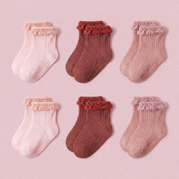 FRILLORA Baby Girl Ruffle Grip Socks with Grip Soles - Pink, Peach, Burgundy - 6 Pairs