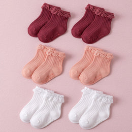 FRILLORA Baby Girl Ruffle Grip Socks with Grip Soles - White, Peach, Burgundy - 6 Pairs
