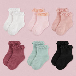 FRILLORA Baby Girl Ruffle Grip Socks with Grip Soles - White, Pink, Peach, Burgundy, Green, Black - 6 Pairs
