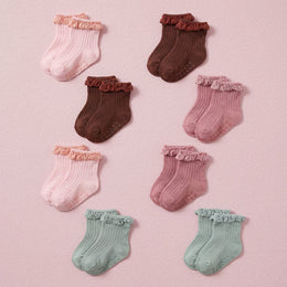 FRILLORA Baby Girl Ruffle Grip Socks with Grip Soles - Pink, Peach, Burgundy, Green - 8 Pairs