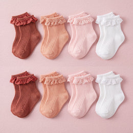 FRILLORA Baby Girl Ruffle Grip Socks with Grip Soles - Pink, Peach, Burgundy, White - 8 Pairs