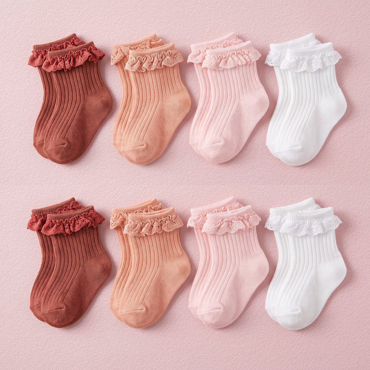 FRILLORA Baby Girl Ruffle Grip Socks with Grip Soles - Pink, Peach, Burgundy, White - 8 Pairs