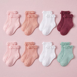FRILLORA Baby Girl Ruffle Grip Socks with Grip Soles - Pink, Peach, Burgundy, White, Green - 8 Pairs