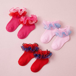FRILLORA Girls Big-Ruffle Lace Dress Socks - Red, Pink, Hot Pink - 3 Pairs