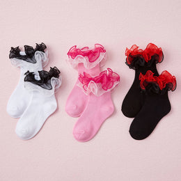 FRILLORA Girls Big-Ruffle Lace Dress Socks - Black, White, Pink - 3 Pairs