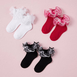 FRILLORA Girls Big-Ruffle Lace Dress Socks - Black, White, Red - 3 Pairs