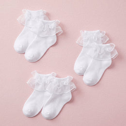 FRILLORA Girls Big-Ruffle Lace Dress Socks - White - 3 Pairs