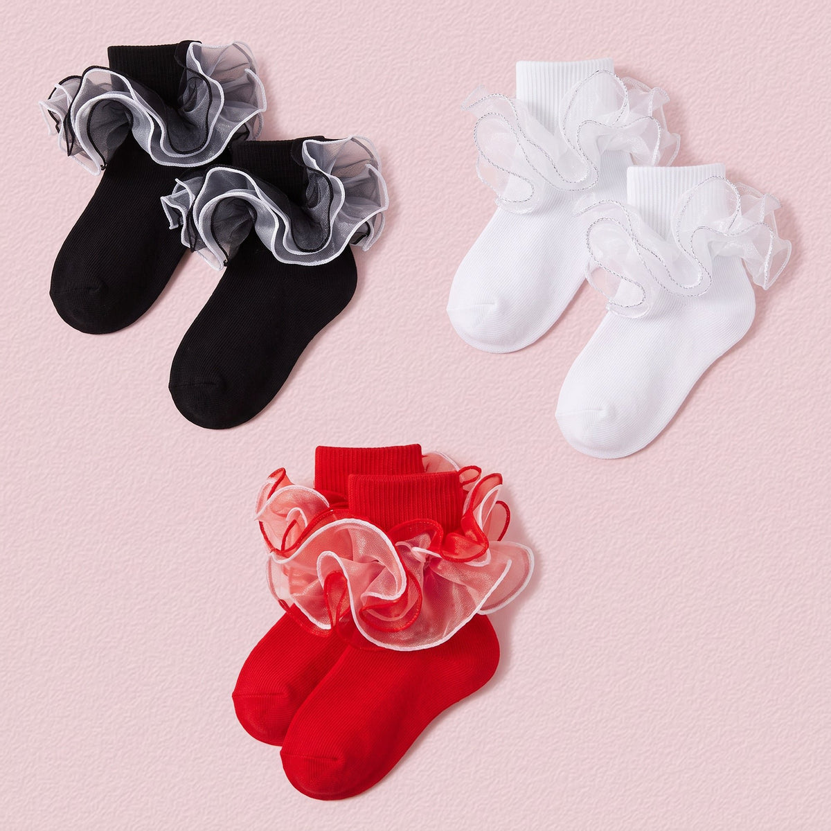 FRILLORA Girls 4-Layer Ruffle Turn-Cuff Dress Socks - Black, White, Red - 3 Pairs