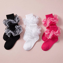 FRILLORA Girls 4-Layer Ruffle Turn-Cuff Dress Socks - Black, White, Hot Pink - 3 Pairs