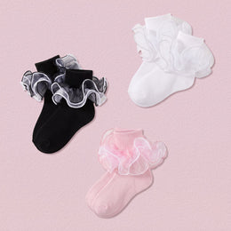 FRILLORA Girls 4-Layer Ruffle Turn-Cuff Dress Socks - Black, White, Pink - 3 Pairs
