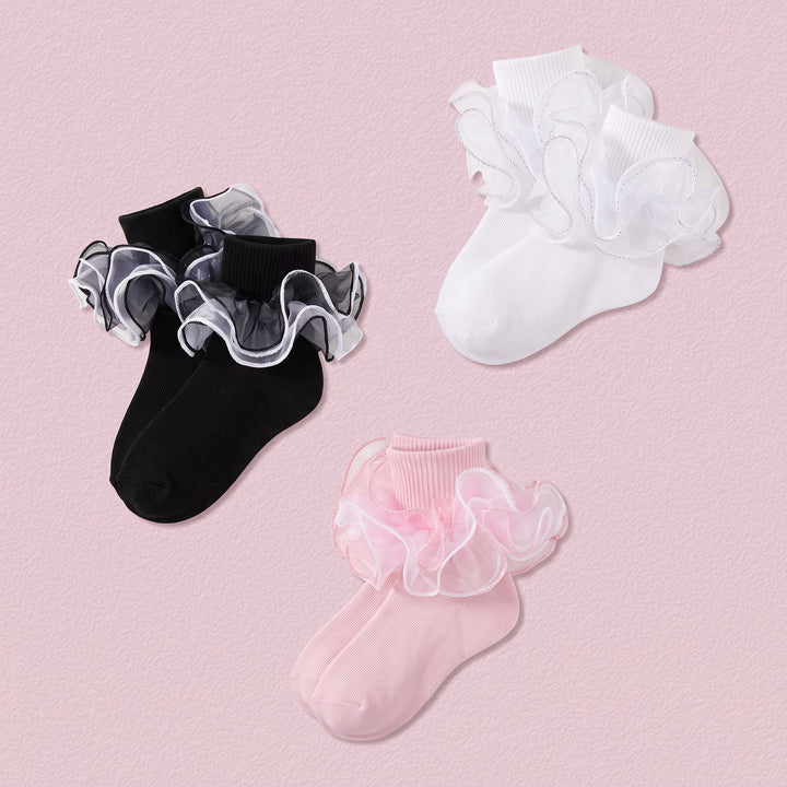 FRILLORA Girls 4-Layer Ruffle Turn-Cuff Dress Socks - Black, White, Pink - 3 Pairs