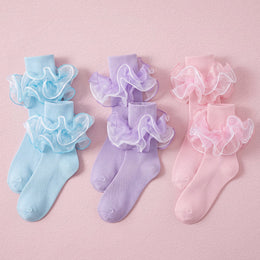 FRILLORA Girls 4-Layer Ruffle Turn-Cuff Dress Socks - Blue, Purple, Pink - 3 Pairs