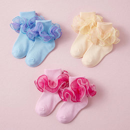 FRILLORA Girls 4-Layer Ruffle Turn-Cuff Dress Socks - Sky Blue, Pink, Ivory - 3 Pairs