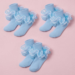 FRILLORA Girls 4-Layer Ruffle Turn-Cuff Dress Socks - Blue - 3 Pairs