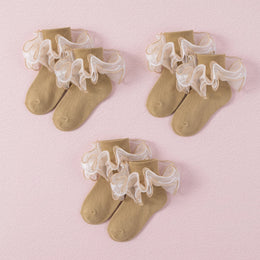 FRILLORA Girls 4-Layer Ruffle Turn-Cuff Dress Socks - Khaki - 3 Pairs