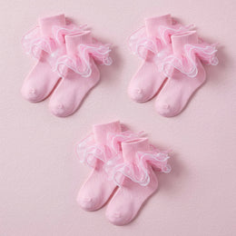 FRILLORA Girls 4-Layer Ruffle Turn-Cuff Dress Socks - Pink - 3 Pairs