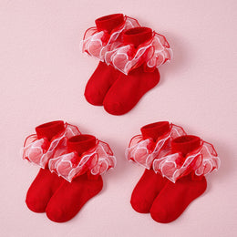FRILLORA Girls 4-Layer Ruffle Turn-Cuff Dress Socks - Red - 3 Pairs