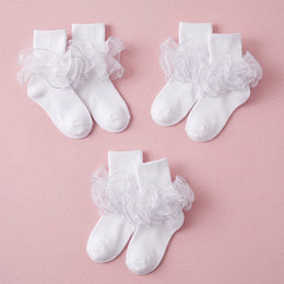 FRILLORA Girls 4-Layer Ruffle Turn-Cuff Dress Socks - White - 3 Pairs