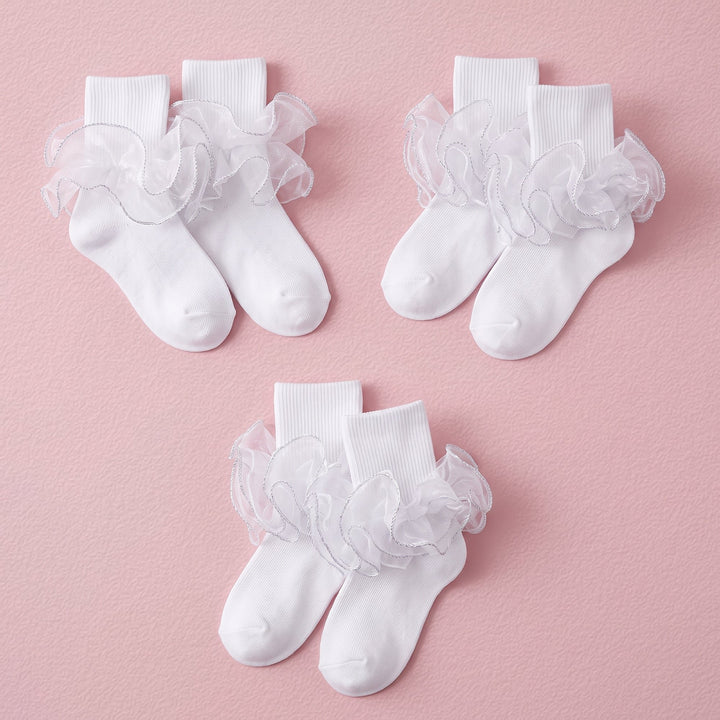 FRILLORA Girls 4-Layer Ruffle Turn-Cuff Dress Socks - White - 3 Pairs