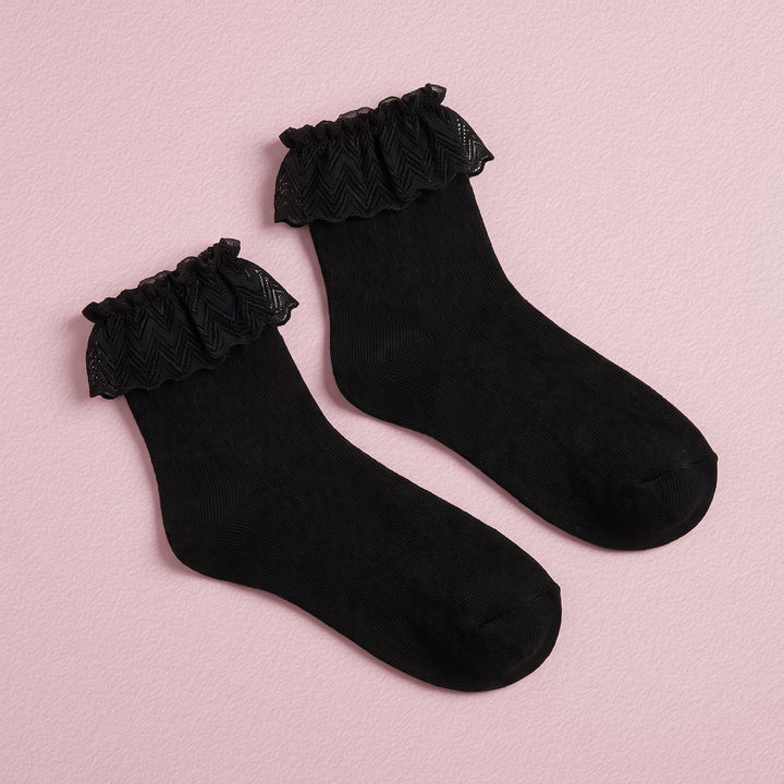 FRILLORA Women's White Ruffle Ankle Socks with Lace Trim - Black - 1 Pair