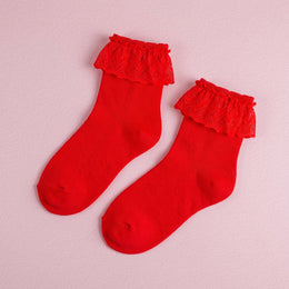 FRILLORA Women's White Ruffle Ankle Socks with Lace Trim - Red - 1 Pair