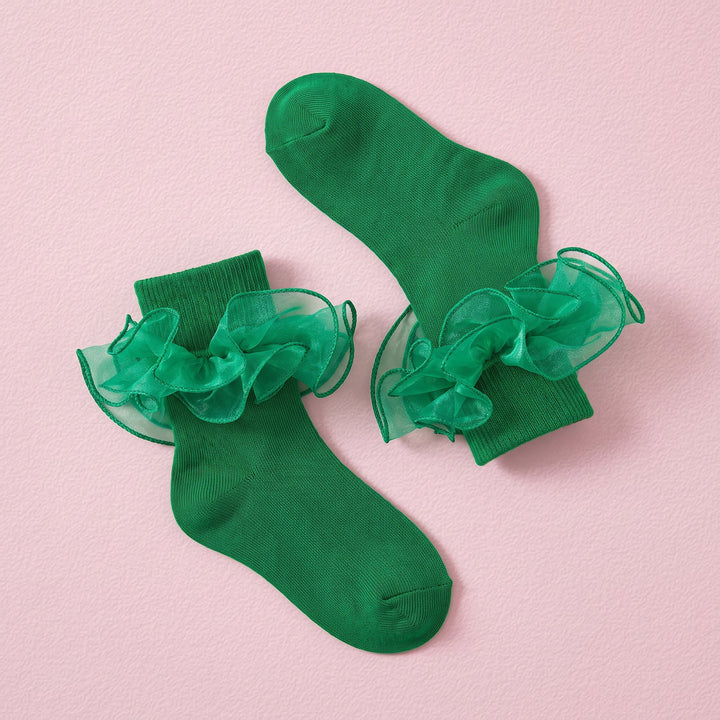 FRILLORA Girls Double-Ruffle Fold-Over Dress Socks - Emerald - 1 Pair